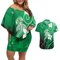 Polynesia Hammerhead Shark Couples Matching Off Shoulder Short Dress and Hawaiian Shirt Green Tribal Pattern With Plumeria LT05 Green - Polynesian Pride