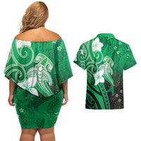 Polynesia Hammerhead Shark Couples Matching Off Shoulder Short Dress and Hawaiian Shirt Green Tribal Pattern With Plumeria LT05 - Polynesian Pride