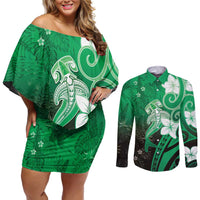 Polynesia Hammerhead Shark Couples Matching Off Shoulder Short Dress and Long Sleeve Button Shirt Green Tribal Pattern With Plumeria LT05 Green - Polynesian Pride