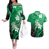 Polynesia Hammerhead Shark Couples Matching Off The Shoulder Long Sleeve Dress and Hawaiian Shirt Green Tribal Pattern With Plumeria - Polynesian Pride