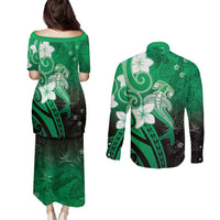 Polynesia Hammerhead Shark Couples Matching Puletasi and Long Sleeve Button Shirt Green Tribal Pattern With Plumeria LT05 - Polynesian Pride