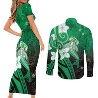 Polynesia Hammerhead Shark Couples Matching Short Sleeve Bodycon Dress and Long Sleeve Button Shirt Green Tribal Pattern With Plumeria LT05 - Polynesian Pride