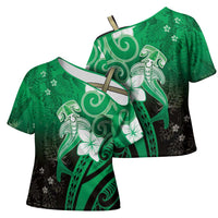 Polynesia Hammerhead Shark Cross Shoulder Shirt Green Tribal Pattern With Plumeria LT05 - Polynesian Pride
