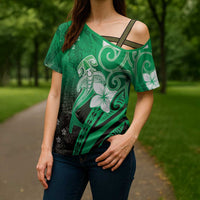 Polynesia Hammerhead Shark Cross Shoulder Shirt Green Tribal Pattern With Plumeria LT05 - Polynesian Pride