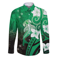 Polynesia Hammerhead Shark Family Matching Off The Shoulder Long Sleeve Dress and Hawaiian Shirt Green Tribal Pattern With Plumeria - Polynesian Pride
