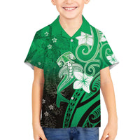 Polynesia Hammerhead Shark Family Matching Off The Shoulder Long Sleeve Dress and Hawaiian Shirt Green Tribal Pattern With Plumeria - Polynesian Pride