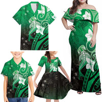 Polynesia Hammerhead Shark Family Matching Off Shoulder Maxi Dress and Hawaiian Shirt Green Tribal Pattern With Plumeria - Polynesian Pride
