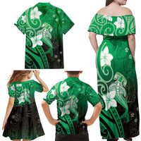 Polynesia Hammerhead Shark Family Matching Off Shoulder Maxi Dress and Hawaiian Shirt Green Tribal Pattern With Plumeria - Polynesian Pride
