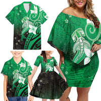 Polynesia Hammerhead Shark Family Matching Off Shoulder Short Dress and Hawaiian Shirt Green Tribal Pattern With Plumeria - Polynesian Pride