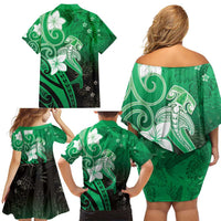 Polynesia Hammerhead Shark Family Matching Off Shoulder Short Dress and Hawaiian Shirt Green Tribal Pattern With Plumeria - Polynesian Pride