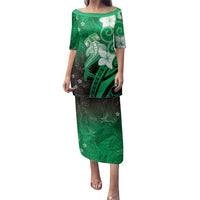 Polynesia Hammerhead Shark Family Matching Puletasi and Hawaiian Shirt Green Tribal Pattern With Plumeria LT05 Mom's Dress Green - Polynesian Pride