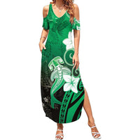 Polynesia Hammerhead Shark Family Matching Summer Maxi Dress and Hawaiian Shirt Green Tribal Pattern With Plumeria - Polynesian Pride