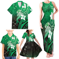 Polynesia Hammerhead Shark Family Matching Tank Maxi Dress and Hawaiian Shirt Green Tribal Pattern With Plumeria - Polynesian Pride