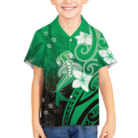 Polynesia Hammerhead Shark Hawaiian Shirt Green Tribal Pattern With Plumeria - Polynesian Pride