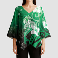 Polynesia Hammerhead Shark Kimono Sleeve Blouse Green Tribal Pattern With Plumeria LT05 - Polynesian Pride
