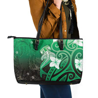 Polynesia Hammerhead Shark Leather Tote Bag Green Tribal Pattern With Plumeria - Polynesian Pride