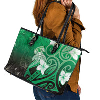 Polynesia Hammerhead Shark Leather Tote Bag Green Tribal Pattern With Plumeria - Polynesian Pride