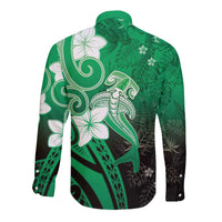 Polynesia Hammerhead Shark Long Sleeve Button Shirt Green Tribal Pattern With Plumeria LT05 - Polynesian Pride