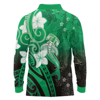 Polynesia Hammerhead Shark Long Sleeve Polo Shirt Green Tribal Pattern With Plumeria LT05 - Polynesian Pride