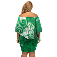 Polynesia Hammerhead Shark Off Shoulder Short Dress Green Tribal Pattern With Plumeria LT05 - Polynesian Pride
