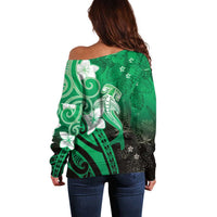 Polynesia Hammerhead Shark Off Shoulder Sweater Green Tribal Pattern With Plumeria - Polynesian Pride