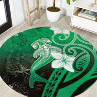 Polynesia Hammerhead Shark Round Carpet Green Tribal Pattern With Plumeria - Polynesian Pride