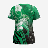 Polynesia Hammerhead Shark Scrub Top Green Tribal Pattern With Plumeria LT05 - Polynesian Pride