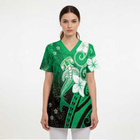 Polynesia Hammerhead Shark Scrub Top Green Tribal Pattern With Plumeria LT05 - Polynesian Pride