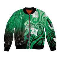 Polynesia Hammerhead Shark Sleeve Zip Bomber Jacket Green Tribal Pattern With Plumeria - Polynesian Pride
