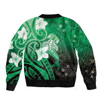 Polynesia Hammerhead Shark Sleeve Zip Bomber Jacket Green Tribal Pattern With Plumeria - Polynesian Pride
