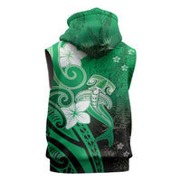 Polynesia Hammerhead Shark Sleeveless Zip Hoodie Green Tribal Pattern With Plumeria LT05 - Polynesian Pride