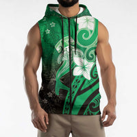 Polynesia Hammerhead Shark Sleeveless Zip Hoodie Green Tribal Pattern With Plumeria LT05 - Polynesian Pride