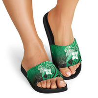 Polynesia Hammerhead Shark Slide Sandals Green Tribal Pattern With Plumeria - Polynesian Pride