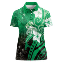 Polynesia Hammerhead Shark Women Polo Shirt Green Tribal Pattern With Plumeria LT05 Female Green - Polynesian Pride