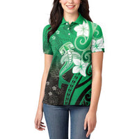 Polynesia Hammerhead Shark Women Polo Shirt Green Tribal Pattern With Plumeria LT05 - Polynesian Pride