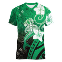 Polynesia Hammerhead Shark Women V-Neck T-Shirt Green Tribal Pattern With Plumeria LT05 Female Green - Polynesian Pride