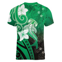 Polynesia Hammerhead Shark Women V-Neck T-Shirt Green Tribal Pattern With Plumeria LT05 - Polynesian Pride
