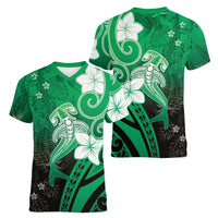 Polynesia Hammerhead Shark Women V-Neck T-Shirt Green Tribal Pattern With Plumeria LT05 - Polynesian Pride