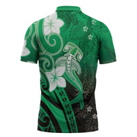 Polynesia Hammerhead Shark Zipper Polo Shirt Green Tribal Pattern With Plumeria LT05 - Polynesian Pride