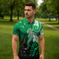 Polynesia Hammerhead Shark Zipper Polo Shirt Green Tribal Pattern With Plumeria LT05 - Polynesian Pride