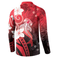 Polynesia Hammerhead Shark Button Sweatshirt Red Tribal Pattern With Plumeria LT05 - Polynesian Pride