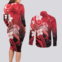 Polynesia Hammerhead Shark Couples Matching Long Sleeve Bodycon Dress and Long Sleeve Button Shirt Red Tribal Pattern With Plumeria LT05 - Polynesian Pride