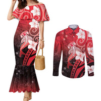 Polynesia Hammerhead Shark Couples Matching Mermaid Dress and Long Sleeve Button Shirt Red Tribal Pattern With Plumeria LT05 Red - Polynesian Pride