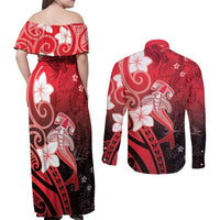 Polynesia Hammerhead Shark Couples Matching Off Shoulder Maxi Dress and Long Sleeve Button Shirt Red Tribal Pattern With Plumeria LT05 - Polynesian Pride