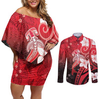 Polynesia Hammerhead Shark Couples Matching Off Shoulder Short Dress and Long Sleeve Button Shirt Red Tribal Pattern With Plumeria LT05 Red - Polynesian Pride