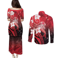 Polynesia Hammerhead Shark Couples Matching Puletasi and Long Sleeve Button Shirt Red Tribal Pattern With Plumeria LT05 - Polynesian Pride