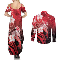 Polynesia Hammerhead Shark Couples Matching Summer Maxi Dress and Long Sleeve Button Shirt Red Tribal Pattern With Plumeria LT05 - Polynesian Pride