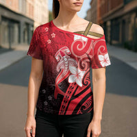 Polynesia Hammerhead Shark Cross Shoulder Shirt Red Tribal Pattern With Plumeria - Polynesian Pride