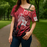 Polynesia Hammerhead Shark Cross Shoulder Shirt Red Tribal Pattern With Plumeria - Polynesian Pride