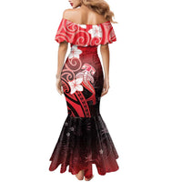 Polynesia Hammerhead Shark Family Matching Mermaid Dress and Hawaiian Shirt Red Tribal Pattern With Plumeria - Polynesian Pride